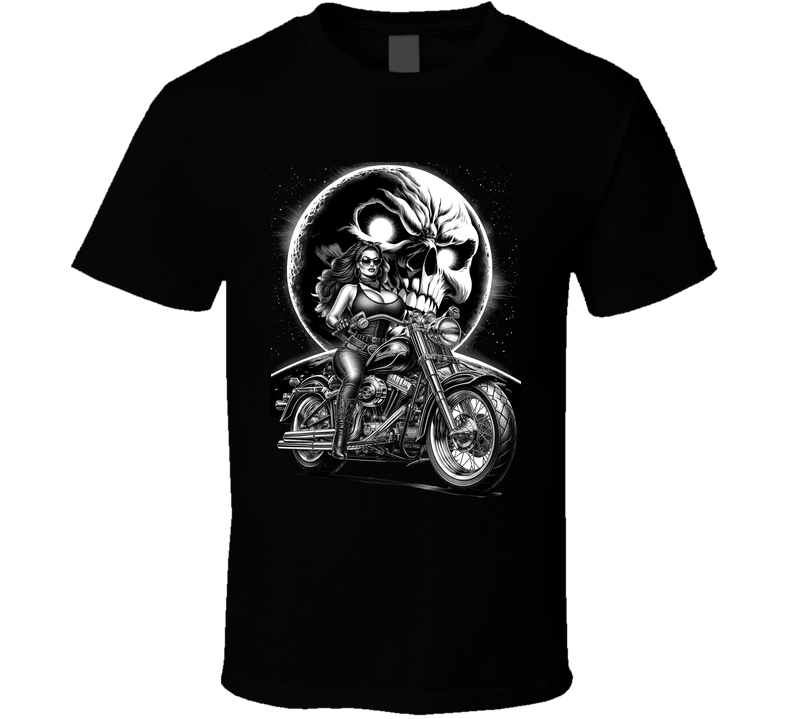 Biker Girl 7 Collection Motorcyle Freedom Skull Moon T Shirt
