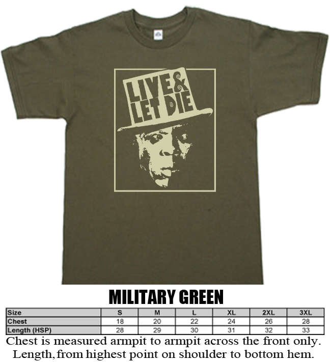 Live and Let Die James Bond 007 movie Roger Moore military green T shirt Live and Let Die James Bond 007 movie Roger Moore military green T shirt
