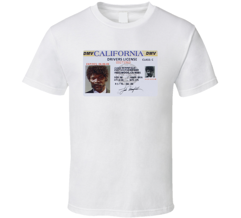 Pulp Fiction Jules Winnfield California Drivers License Movie Fan T Shirt Pulp Fiction Jules Winnfield California Drivers License Movie Fan T Shirt