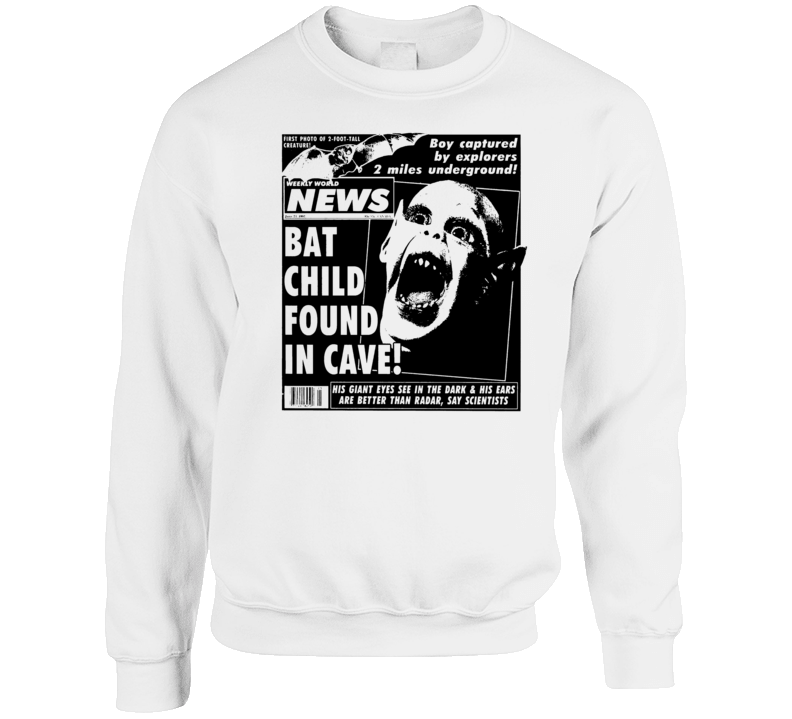 Bat Child Found In Cave Headline Crewneck Sweatshirt Bat Child Found In Cave Headline Crewneck Sweatshirt