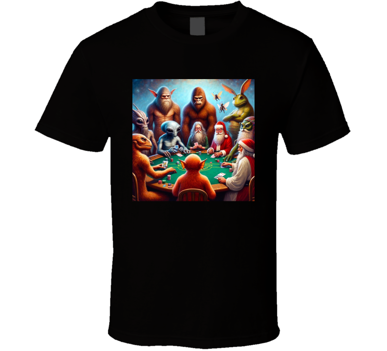 Bigfoot Sasquatch Fairies Alien Santa God Poker Parody Funny T Shirt Bigfoot Sasquatch Fairies Alien Santa God Poker Parody Funny T Shirt