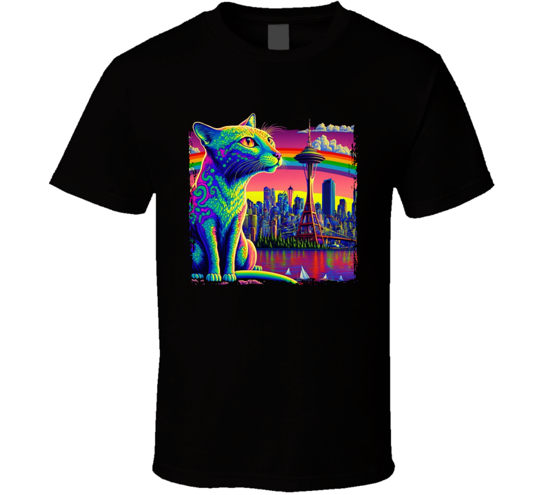 Seattle Cat Neon Waterfront Scene T Shirt Seattle Cat Neon Waterfront Scene T Shirt