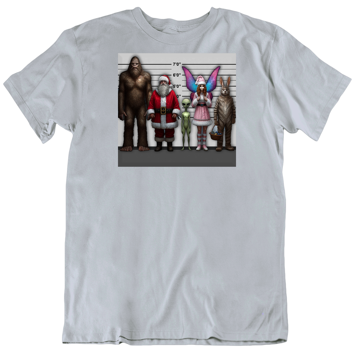 Rogue's Gallery Of Make Believe Bigfoot Santa, Alien Tooth Fairy Eadter Bunny Funny Parody T Shirt Rogue's Gallery Of Make Believe Bigfoot Santa, Alien Tooth Fairy Eadter Bunny Funny Parody T Shirt