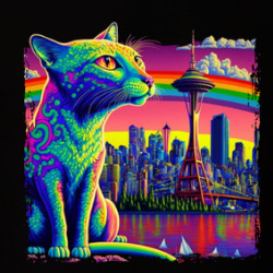Seattle Cat Neon Waterfront Scene T Shirt 39776425